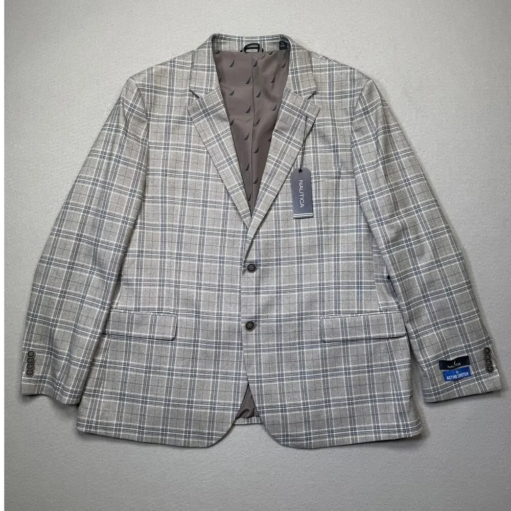 Nautica Men's Modern-Fit Sport Coat Grey Plaid 48R $250